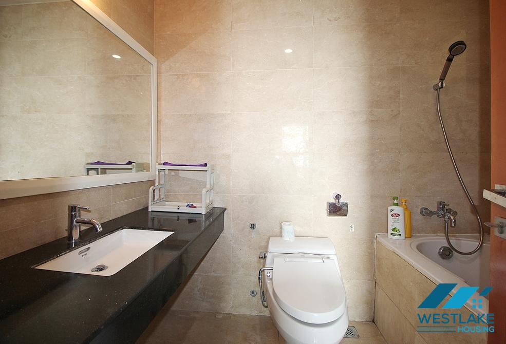 This three-bedroom high-floor apartment is fully furnished for rent in Ciputra, Tay Ho